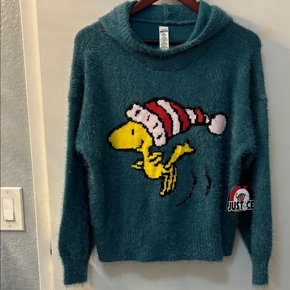 Peanuts Tops - NWT PEANUTS X JUSTICE Teal Sweater Hoodie with Woodstock in Festive Cap, Sz S